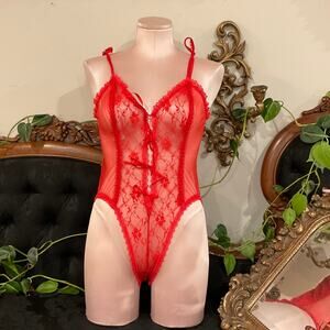 Vintage V-Neck Lace Teddy Bodysuit High Cut lingerie Size L Red